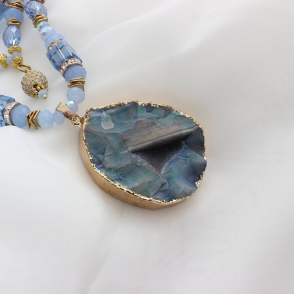 Sky Blue Crystals Multi Strand Agate Layered Necklace - Picture 5 of 7